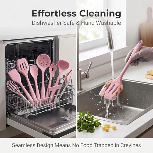 Vayvnt Cooking Utensils Set, 10PCS Non Toxic Silicone Set for Kitchen, Pink - color: Pink