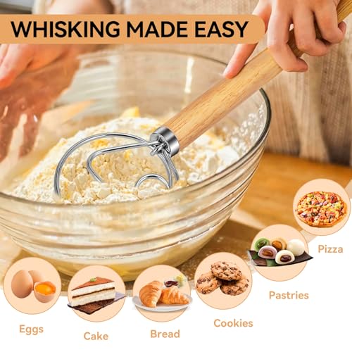 TEEVEA Danish Dough Whisk Wooden Handle Stainless Steel for Sourdough Bread - color: White Ash Wood 1-eye