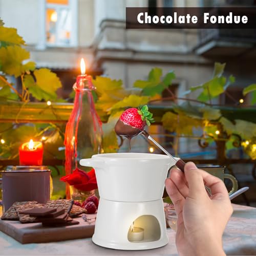 BSTKEY 300ML Ceramic Butter Warmer Set with 2 Forks, White Fondue Pot Melting Pot Set, Melt Hot Pot Bowl Set for Cheese Chocolate Butter Caramel - color: White