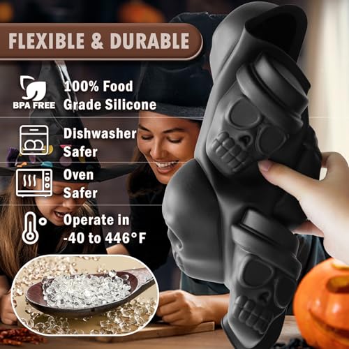 HKNMTT Halloween Silicone Molds for Baking Extra large, 6 Cavities 3D Skull Cake Pizza Pan Molds, Nonstick Halloween Skeleton Mold for Soap Ice 2PCS - style: 3-Shapes Skull 2PCS