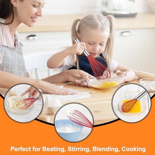 HOTEC 4Pcs Silicone Whisk Set, Wire Balloon Whisks for Cooking Egg Beater - color: Red,Silver