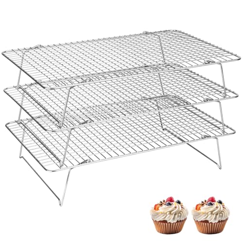 Pleafind 3 Pieces Stackable Cooling Rack - 16 x 10 Inch Wire Rack, 0.43" Dense-Grid Cooling Racks for Cooking, Baking, Roasting, Grilling, Oven and Dishwasher Safe, Silver - color: Argent