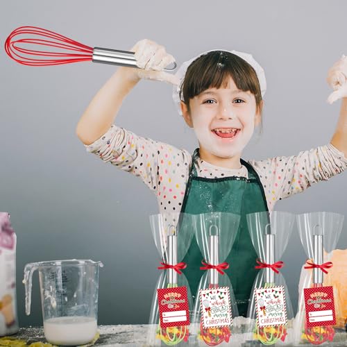 6 Sets 8 Inch Christmas Whisk Bulk Baking Supplies, Xmas Silicone Whisks Baking Gift Set with Greeting Cards Ribbon Bags, We Whisk You A Merry Christmas Neighbor Gifts for Employee Cooking Ornaments