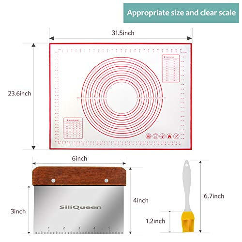 Silicone Pastry Baking Mat with Measurements Extra a Brush and a Dough Scraper - 31.5” x 23.6” Heat Resistant, BPA Free, Non-Stick Non-Slip Pastry Mat for Rolling Dough - Easy to Clean, Red - size: 31.5"(L) x 23.6"(W)