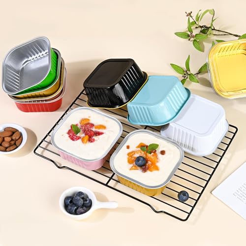 40 Pack Mini Cake Pans With Lids, 5oz Square Aluminum Foil Brownie Baking Cups, Muffin Tin Ramekins, Disposable Dessert Cupcake Cups for Wedding Birthday Party, Pink - color: Pink