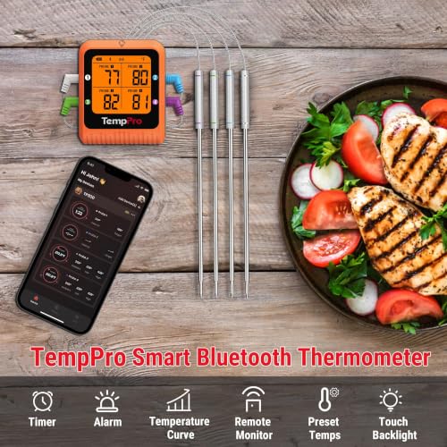 TempPro TempSync 650ft Bluetooth Meat Thermometer with 4 Color-Coded Probes - style: 4 Probes