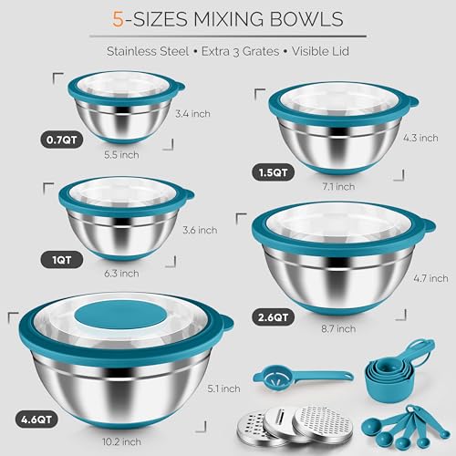HaWare Mixing Bowls, 24-Piece Stainless Steel Salad Serving Bowl with Airtight Clear Lids, Metal Nesting Bowl For Kitchen Cooking Prepping Storing with 3 Graters, 4.6/2.6/1.5/1/0.7 QT, Teal Blue - color: Teal Blue