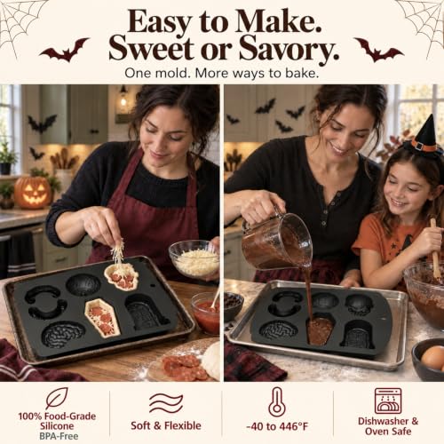 HKNMTT Skull Cake Pizza Pan 6 Spooky Shapes Halloween Silicone Baking Mold - style: 6 Spooky Shapes 1PC