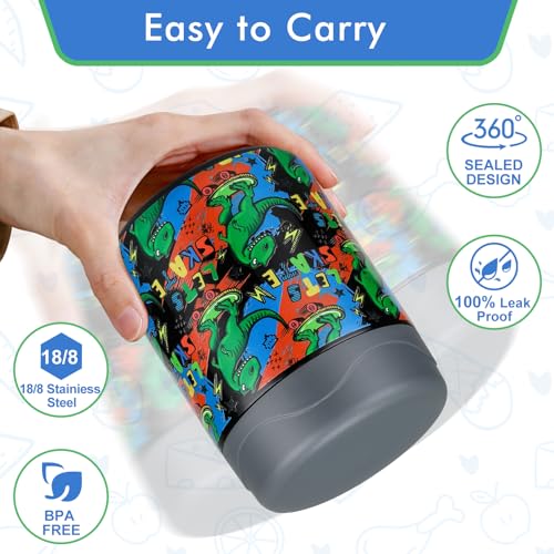 wiwens 12oz Soup Thermo for Hot Food Kids Insulated Food Jar Wide Mouth Lunch Container Leak Proof Stainless Steel Vacuum Bento Box for School Office Travel Outdoors Black-Dinosaur - color: Black-Dinosaur