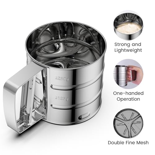 Omesata Flour Sifter 3 Cup for Baking, Crank Sifter Sieve Baker Dusting