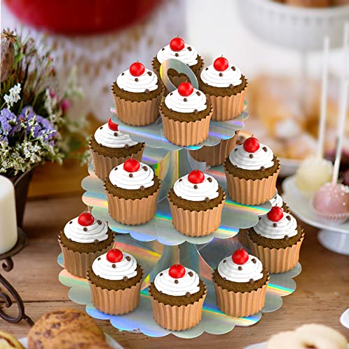 3-Tier Laser Silver Cupcake Stand, 2-Pack Heart Handle Dessert Display Tower, Quick Easy Assembly, Easy Clean for Wedding Birthday Graduation Baby Shower Party Supplies - color: Rainbow Silver 2 Pack