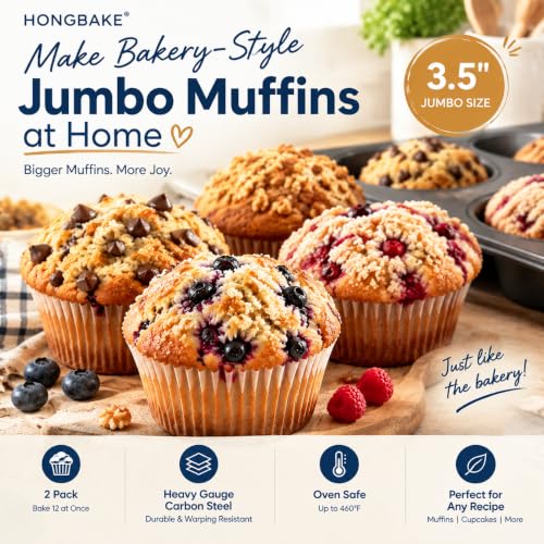 HONGBAKE Nonstick Jumbo Muffin Pan, 2 Pack Large Cupcake Tin with 120pcs Muffin Liners, Cup Cake Tray for Baking, 3.5dia, 6 Cup, Premium, Extra Thick
