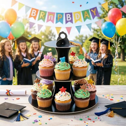 YLDW Cupcake Stand, 3-Tier Cupcake Stand Display, Cardboard Cup Cake Tower Stand, Disposable Dessert Stand for Birthday Tea Party Baby Shower Treat Decorations, Black - color: Black