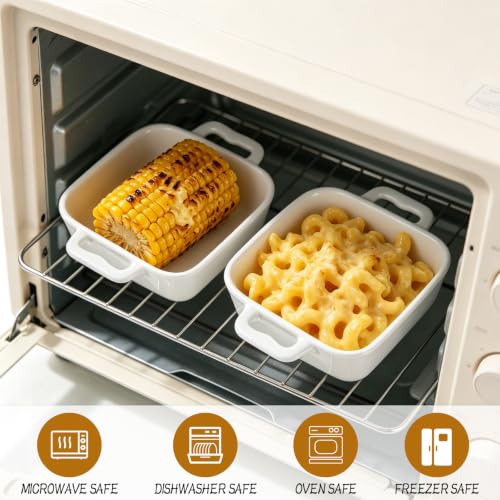 6 Inch Small Baking Dish, 17oz Individual Casserole Dishes with Handles, Deep Non Slip Base Stackable Bowls, Square Ceramic Baking Ramekins for Kitchen, Roasting & Meal Prep, Set of 3