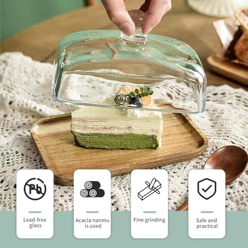 2 Pack Rectangular Wooden Cake Stand, 4 x 6.3 Mini Cake Plate Holder with Clear Glass Bell,Cake Display Server Tray for Kitchen,Birthday Parties,Weddings,Baking Gifts - color: 4.6x7inch Rectangular / 2pack