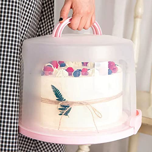 Cake Carrier Round Cake Stand Plus Height Cake Container with Cupcakes Pad, Handle, Lid Reusable Package Box for Transporting Desserts,Pie,Toast,Fruit - color: 10 inch Pink