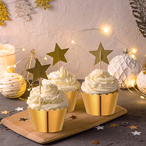 Meanplan 100 Pcs Foil Cupcake Liners Baking Cups Christmas Wedding, Gold
