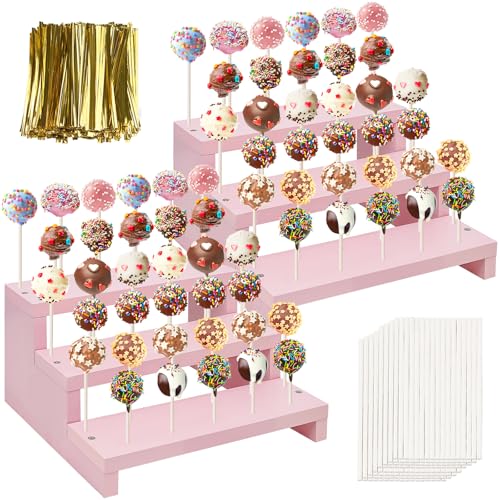 Wood Cake Pop Stands, 3 Tier Lollipop Holders with Twist Ties Lollipop Sticks, Sucker Display Riser for Dessert Table of Wedding Birthday Party (Pink-2P) - color: Pink-2P