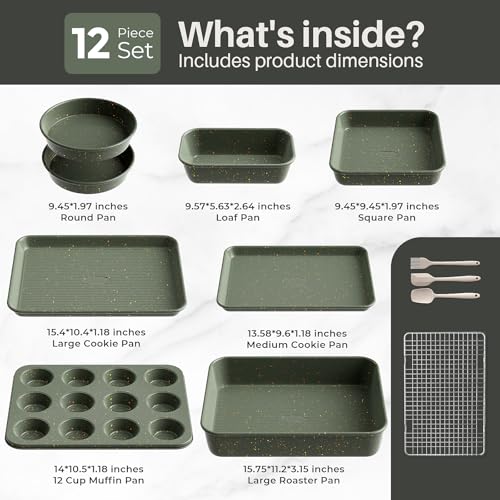 12-Piece Nonstick Baking Set, Non-Toxic Bakeware Set - Ceramic Coated Green - size: 12PCS