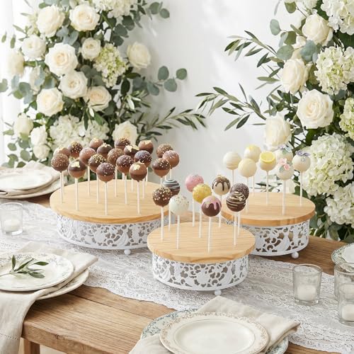 3-Tier Wooden Cake Pop Stand Set, White Metal Decorative Border, 11.8/8.7/7.1 Inch Round Display Stands with 35 Holes, 50 Sticks Included for Party Wedding