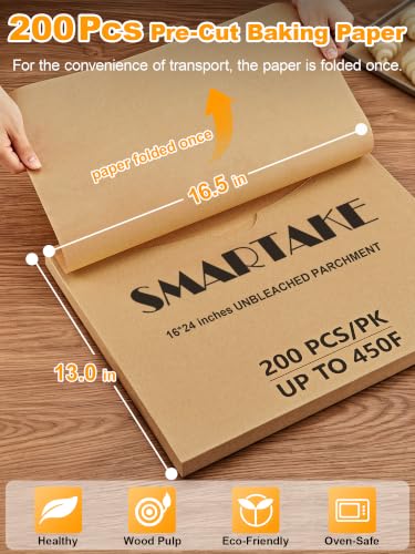 SMARTAKE 200 Pcs Parchment Paper Baking Sheets, 16x24 Inches, Non-Stick - size: 16" x 24"