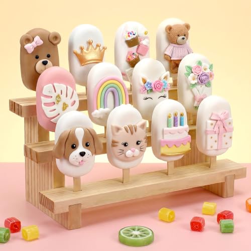 2 Pcs Wooden Cakesicle Stand, 3 Tier 12 Holes Cake Pop Display Holder, Rectangle Wood Lollipop Stick Rack for Wedding, Birthday, Baby Shower, Dessert Table