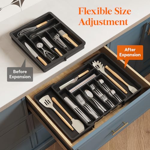 Lifewit Expandable Silverware Drawer Organizer, Kitchen Utensil Tray - color: Black, size: XL (13"-22.4" W × 15"D)