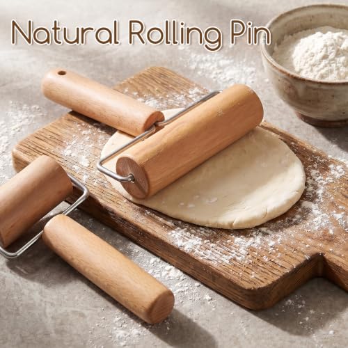 2Pcs Small Dough Roller with Handle, Wooden T-Shape Non-Stick Rolling Pin