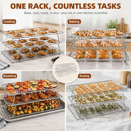 Cooling Rack 16"x10", 3-Tier Stackable & Collapsible Cooling Racks - color: Silver, size: 3-Tier-SL