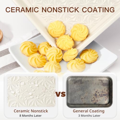 HONGBAKE Ceramic Coated Baking Sheet Pan Set of 3 with Floral Texture - color: Ceramic Cream