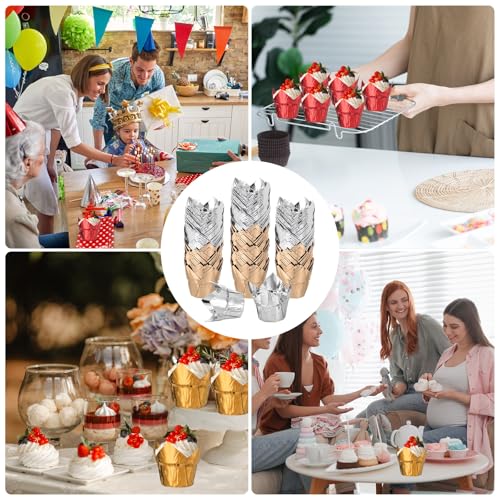 uxcell 100 Pcs Tulip Cupcake Liners, Muffins Liners Aluminum Foil Cupcake Wrappers Baking Cups Muffins Liners for Wedding Birthday Party Supplies, Silver/Champagne Gold - color: Silver/Champagne Gold