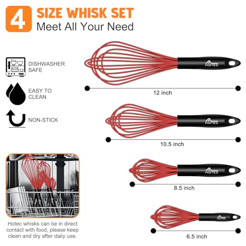 HOTEC 4Pcs Silicone Whisk Set, Wire Balloon Whisks for Cooking Egg Beater - color: Red