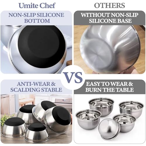 Umite Chef Large Mixing Bowls with Lids Set, 5QT Non-Slip Silicone Base - color: Black