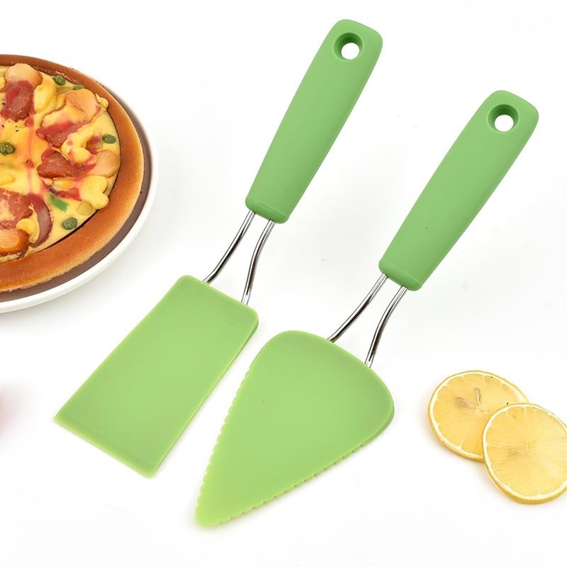 Sliding Pizza Shovel Set, Pointed and Square Head Spatula for Pizza, Pastry, Bread with Silicone Blade, Green, 2 Piece