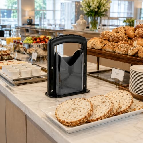 Restaurantware Met Lux 7 x 3.5 x 9 Inch Bagel Slicer 1 Commercial Bagel Cutter - Built-In Safety Shield Safe and Easy To Use Black Stainless Steel Universal Slicer Non-Stick and Serrated Blade