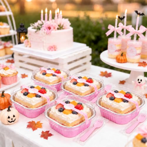 NPLUX 50 Pack 5oz Halloween Mini Cake Pans with Lids for Parties, Pink Foil - color: Pink, size: 5 OZ