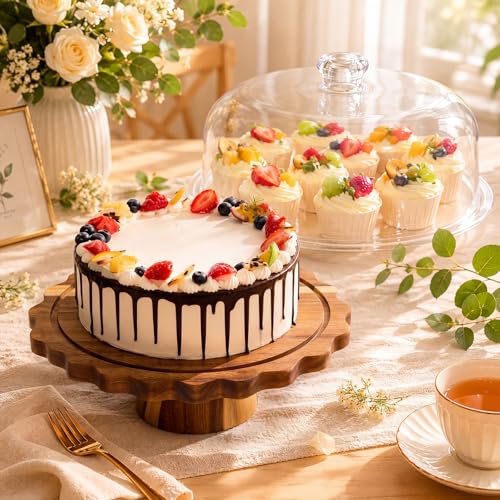Acacia Wood Cake Stand with Acrylic Lid 12" 6-in-1 Round