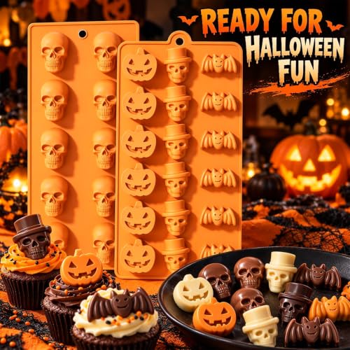 2 Pcs Halloween Silicone Molds, Halloween Pumpkin Bat Skull Shape Chocolate Molds for DIY Halloween Cupcake Candy Baking Molds - color: Halloween Molds