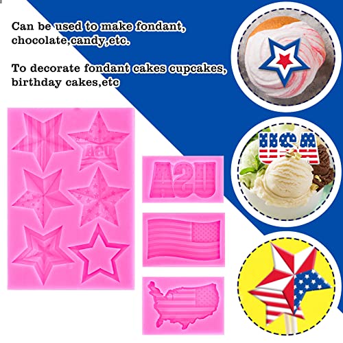 Whaline 4Pcs 250th Anniversary Independence Day Silicone Molds 4th of July 3D Patriotic Fondant Mold American Flag Pattern Chocolate Molds USA Map Stars Cupcake Baking Decorating Moulds for DIY Party - style: 4th of July