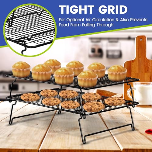 MIU Stackable Cooling Racks for Cooking and Baking with Folding Legs, Multi Tier, Set of 2, Black, Wire Grid Stainless Steel, Kitchen Counter and Oven Safe