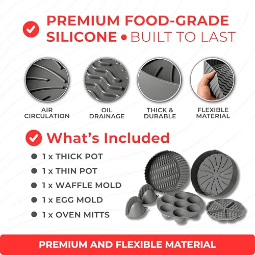 EM Set of 5 Silicone Air Fryer Liners with Egg Bite Mold, Waffle Mold & Mitts - 7.5” Round Reusable Silicone Inserts for 3-5 Qt Airfryers - Easy to Clean & Heat-Resistant Air Fryer Accessories Set - size: 5-Pack 7.5 in Liners for 3-5 Qt