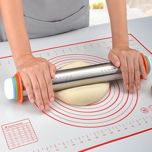 Rolling Pin and Pastry Baking Mat Set, 17-inch Rolling Pins with Adjustable Thickness Rings, Stainless Steel Dough Roller for Baking Fondant, Pizza, Pie, Pastry, Pasta, Cookies (Red) - color: Red