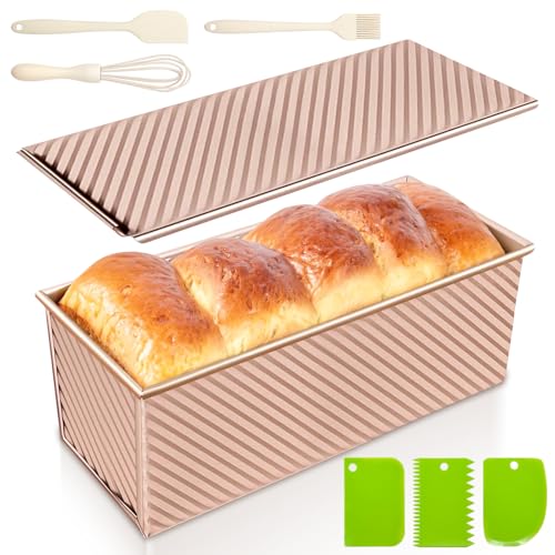 2.2lb Pullman Loaf Pan with Lid, Nonstick Carbon Steel Square Bread Pan for Baking Shokupan, Sandwich, Pain de Mie & Sourdough – Includes 6 Bonus Tools - color: Gold, size: 2.2LB (Single)