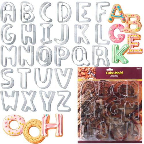 ofone Large Alphabet Cookie Cutters(A - Z), 3 Inch Stainless Steel Fondant Letter Cutters Shapes, 26 Pcs Abc Biscuit Cutter Set for Baking Dough Cakes Pastry Fruits - color: Silver