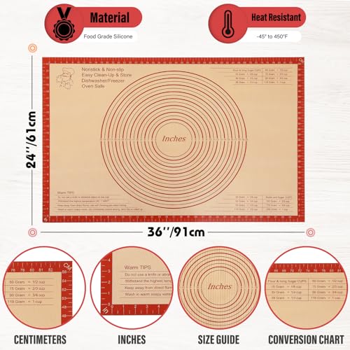 Silicone Pastry Mat Large Baking Mat 36X24 inch Dough Mat with Measurements - color: Red, size: 24"L x 36"W