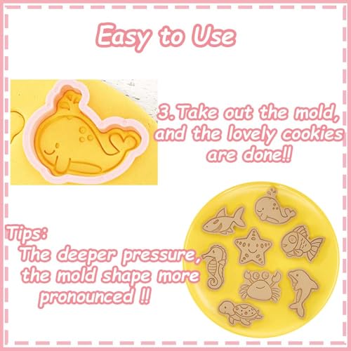 8 Mini Ocean Animal Cookie Cutters Set, 3D Raised Design Animal Embossing Stamps, Goldfish, Whale, Crab, Dolphin, Starfish, Shark, Turtle, Seahorse, Baking Molds - color: Ocean