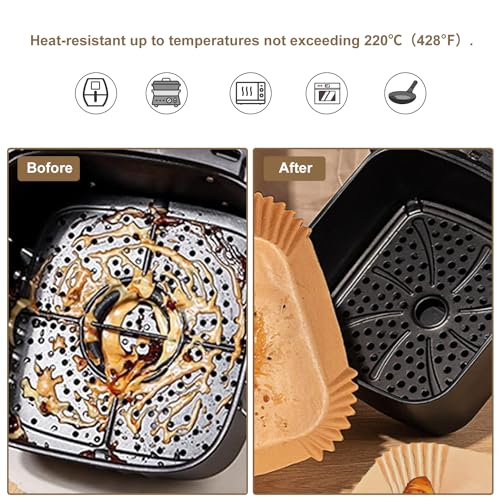 Air Fryer Liners Disposable Paper,100Pcs Airfryer Paper Liners,Non Stick Parchment Paper Liners,Food Grade Air Fryer Accessories for Microwave Oven Steamer 6.3inch Square - size: 6.3”Square