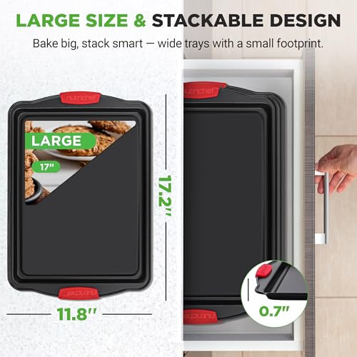 NutriChef 3-Piece Large Nonstick Cookie Sheets for Baking | Premium Food-Grade Carbon Steel, Non-Stick Tray Set with Silicone Handles, Oven Safe up to 446°F | Easy to Clean, 17.2 x 11.8 x 0.7 Inch