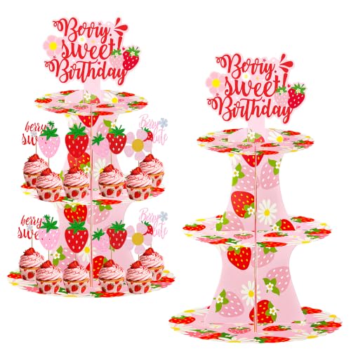 Berry Sweet Birthday Cupcake Stand Set, 12 Glitter Cupcake Toppers