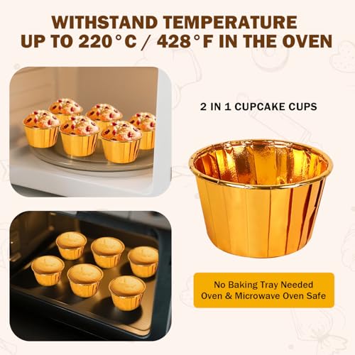 100Pack Gold Cupcake Liners, 3.5oz Baking Cupcake Cups, Mini Disposable Foil Muffin Liners, Grease-proof Paper Ramekin Oven-safe Cupcake Tins for Valentine Christmas Wedding Birthday Party with Spoons - color: Gold